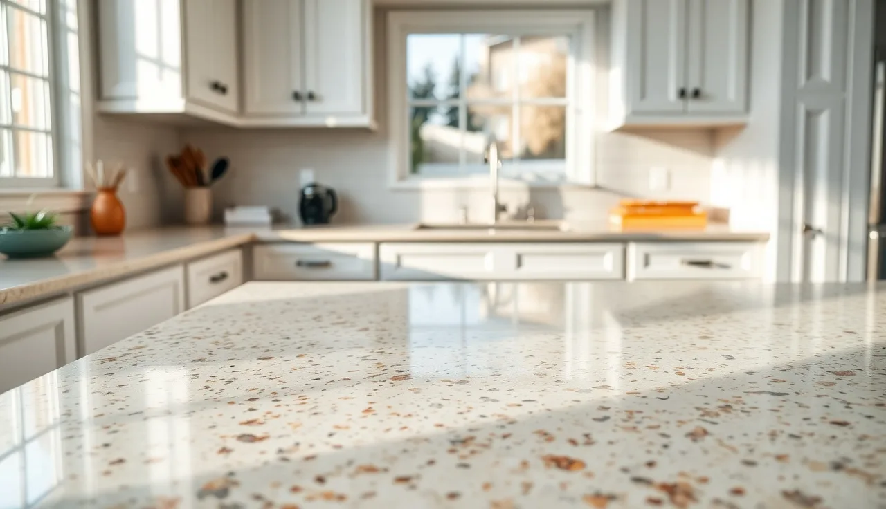 Cream granite kitchen countertop with ivory and burgundy mineral detail in warm afternoon light