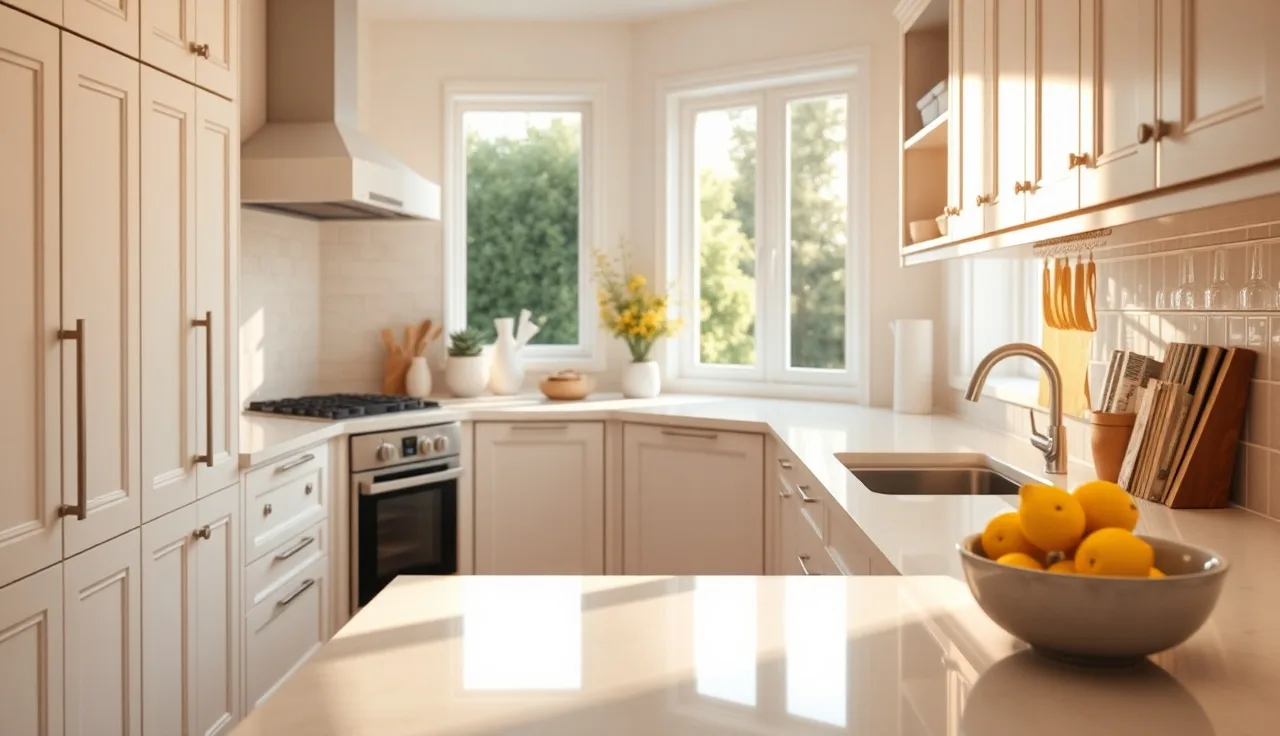 Cream quartz countertops in a modern kitchen with white cabinets and afternoon light