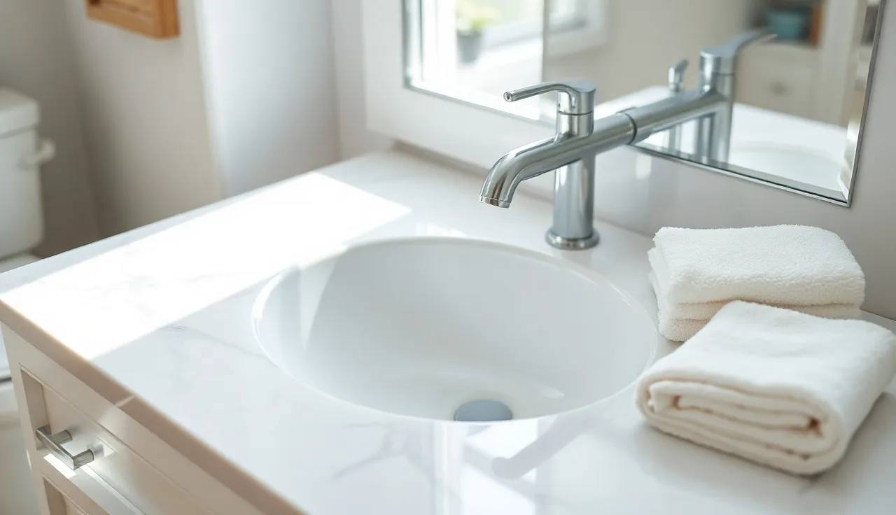 White cultured marble bathroom vanity countertop with integral sink in morning light