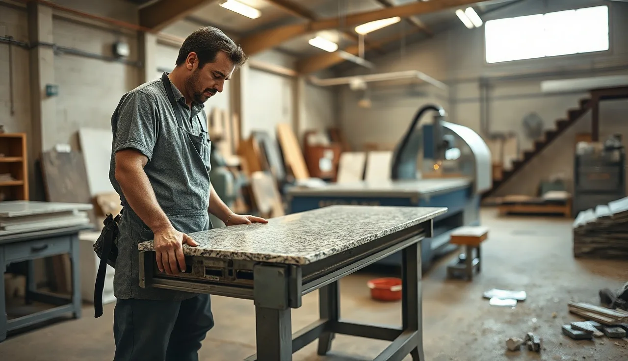 Stone fabricator inspecting a custom-cut granite countertop slab in a fabrication shop