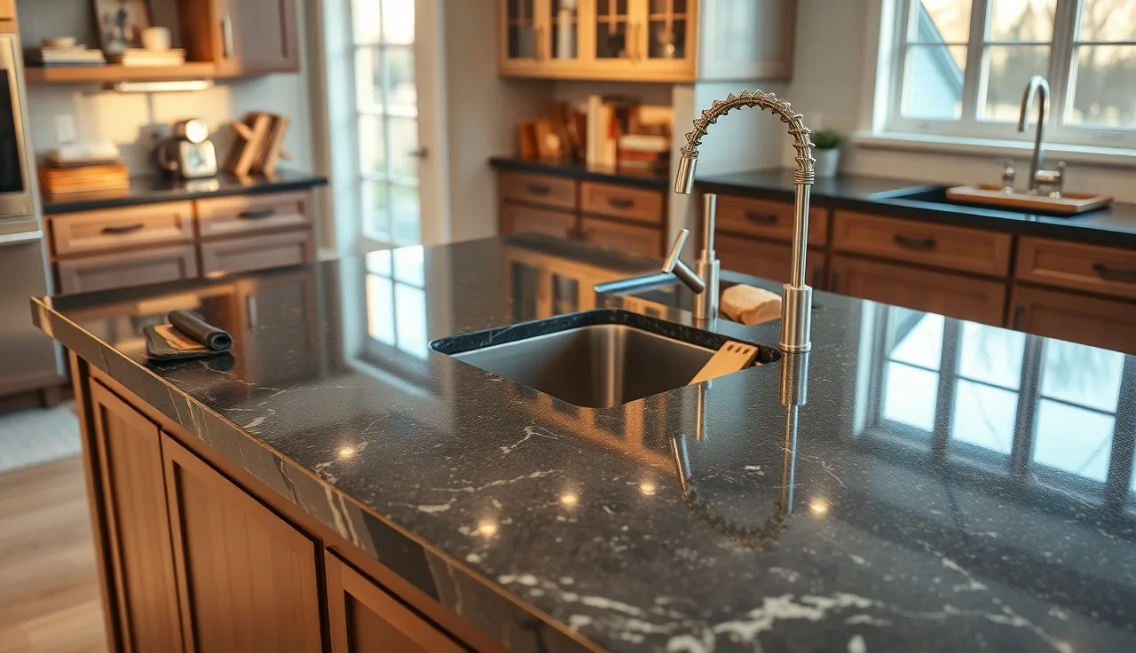 Polished dark granite kitchen island countertop with undermount sink in afternoon light