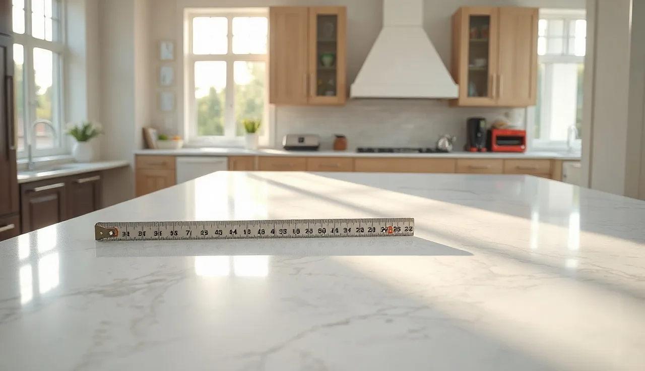 Freshly installed white quartzite custom kitchen countertop on a large island in morning light