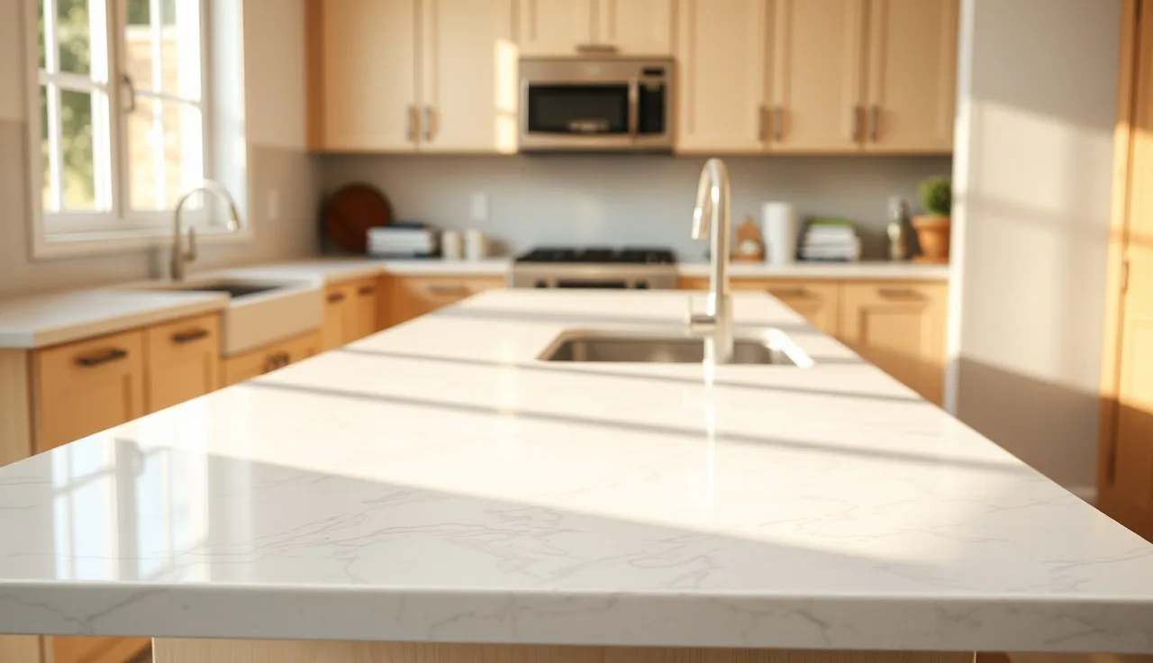 White quartz countertop with gray veining in a sunny residential kitchen