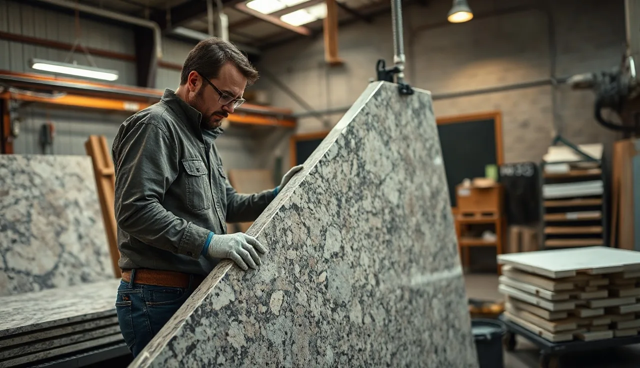 Stone fabricator cutting a granite slab on a CNC bridge saw in a Macomb County shop