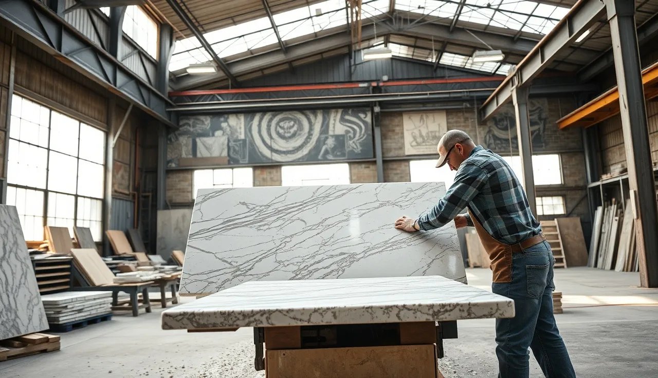 Stone fabricator guiding a granite slab through a bridge saw in a New York shop