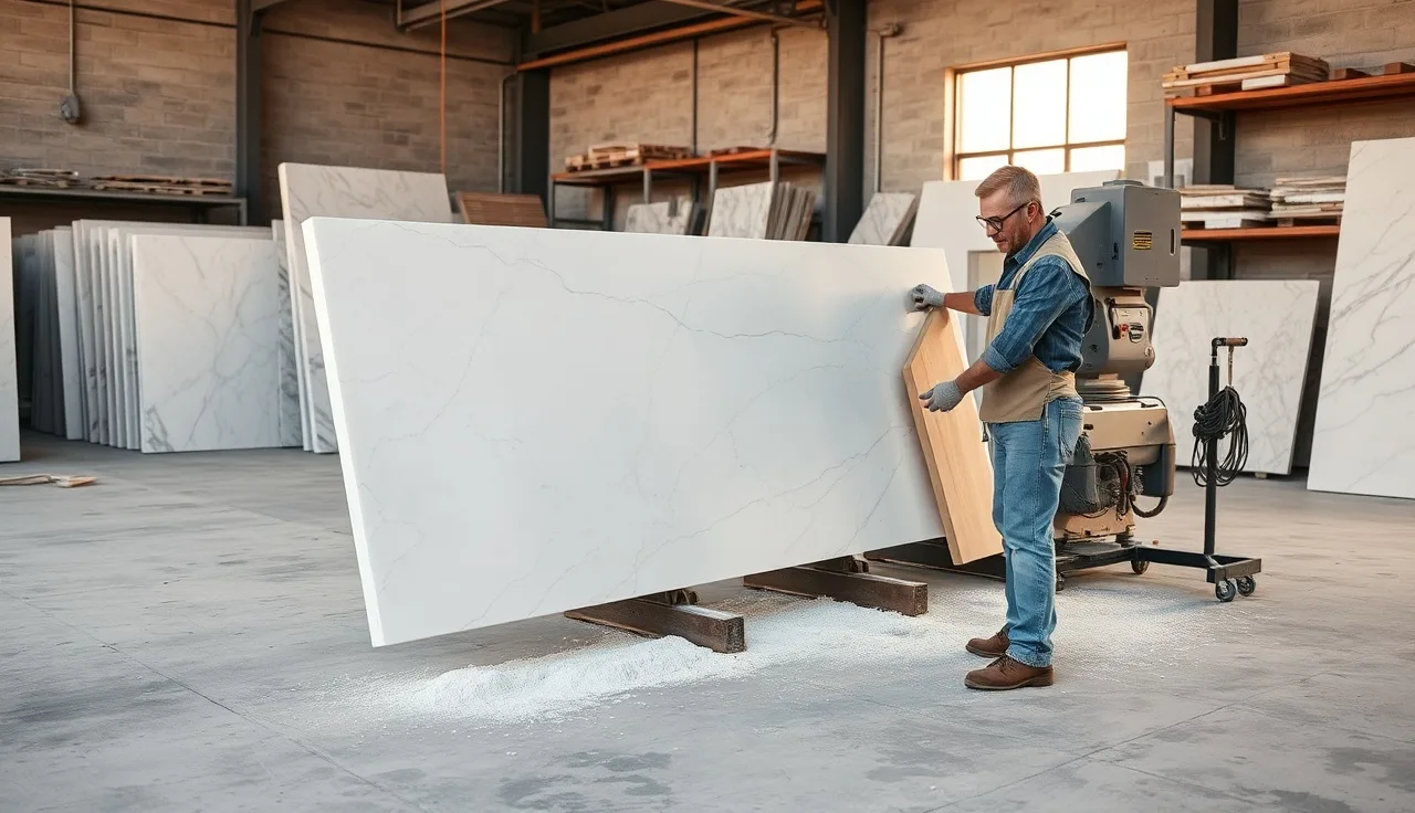 Stone fabricator cutting a marble slab on a bridge saw in a workshop