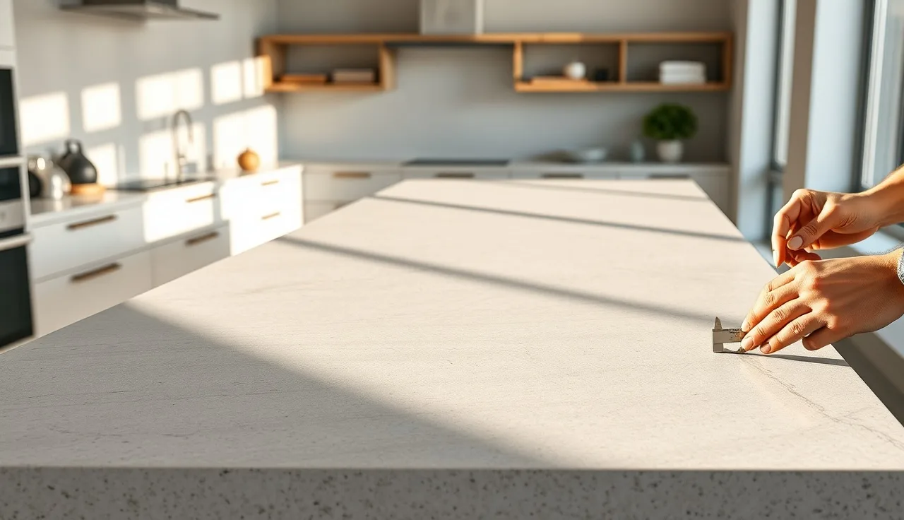 Sintered stone countertop slab with fabricator measuring edge detail in a bright kitchen