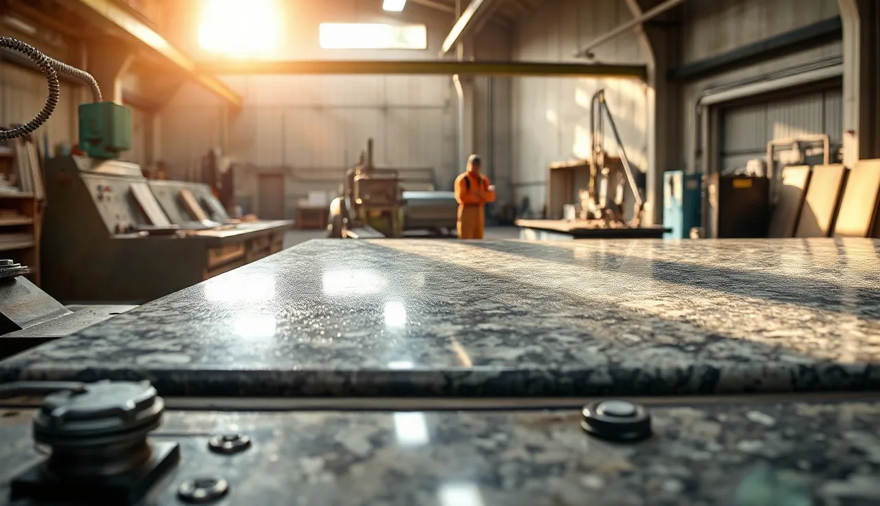 CNC bridge saw cutting a large granite slab in a stone fabrication shop