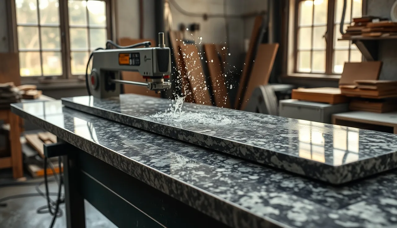 Wet bridge saw cutting a large granite slab in a stone fabrication shop