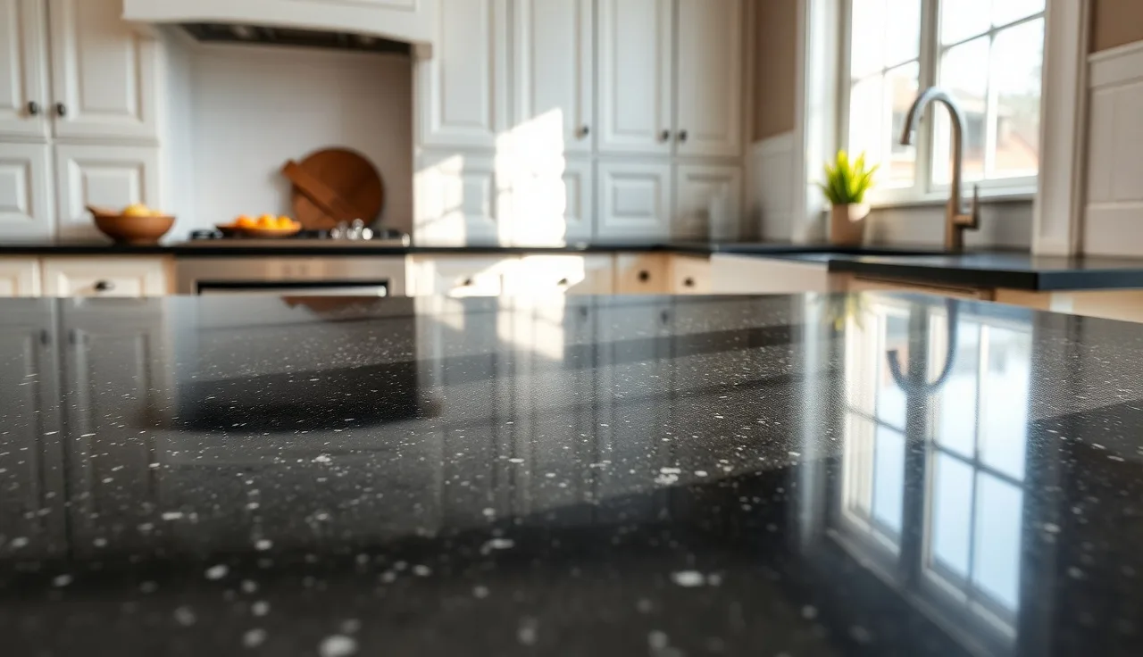 Polished dark black granite countertop with mineral flecks under morning kitchen light