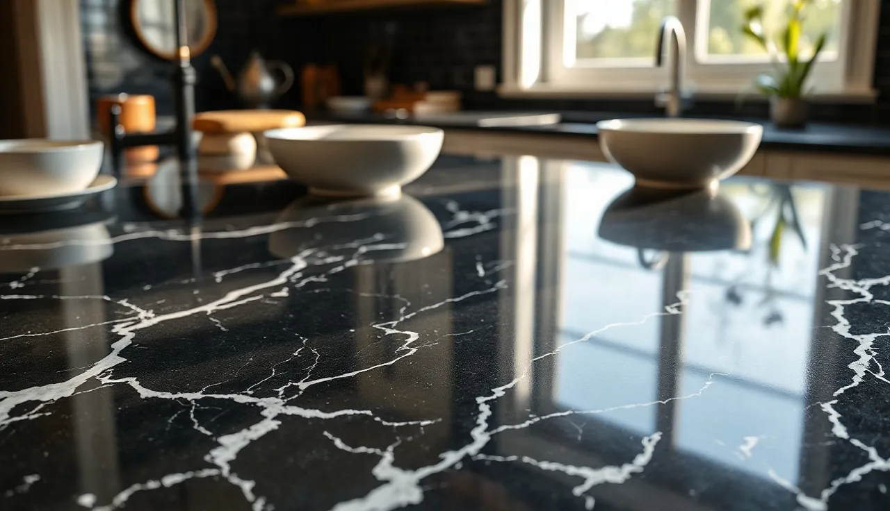 Polished black marble countertop with white veining in a bright kitchen