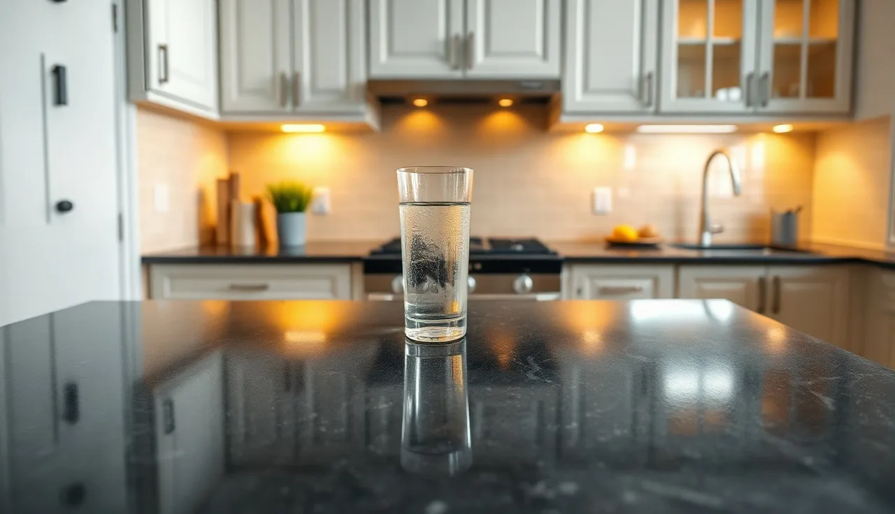 Polished dark charcoal quartz countertop in a modern kitchen with white cabinets