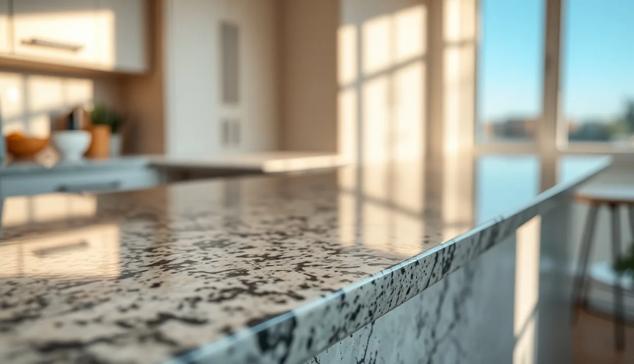 Close-up of a polished stone countertop edge profile in a modern kitchen