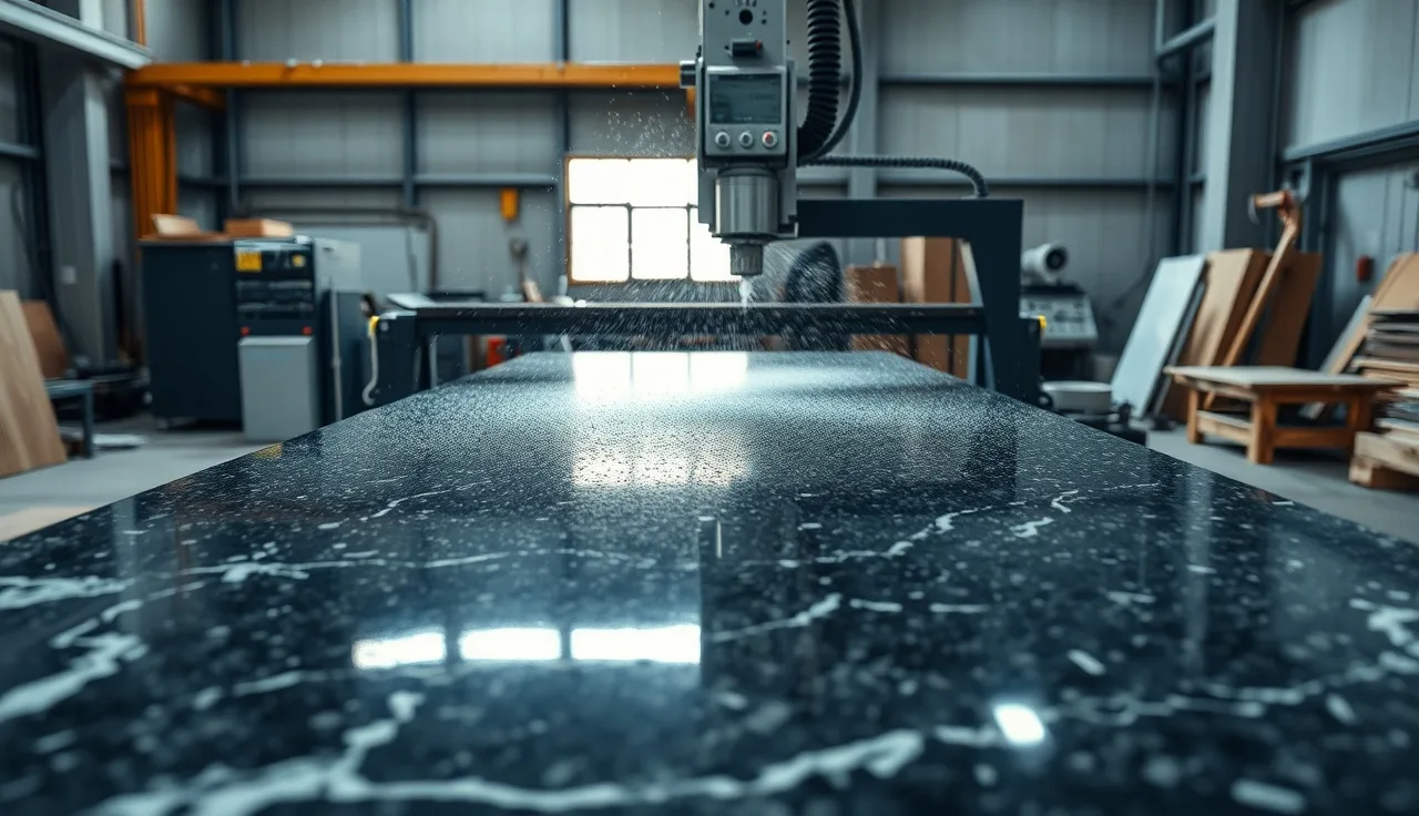 CNC waterjet cutting head moving across a polished granite slab in a fabrication shop