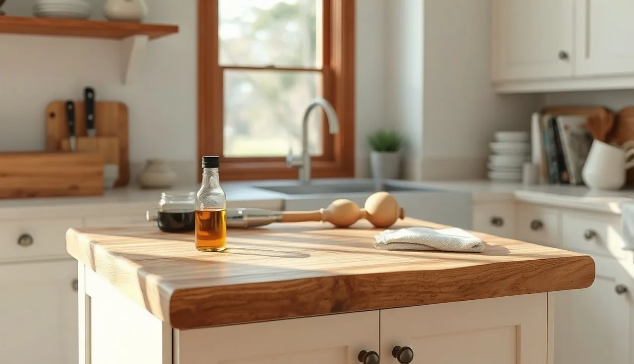 Unfinished maple butcher block countertop on white kitchen cabinets with mineral oil nearby