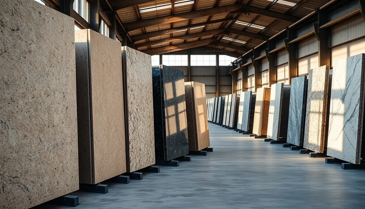 Rows of granite slabs standing upright on steel racks in a stone yard