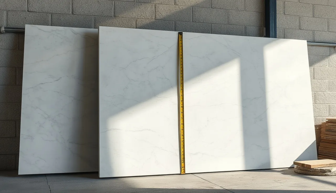 Stacked discount quartz countertop slabs at a stone fabrication yard