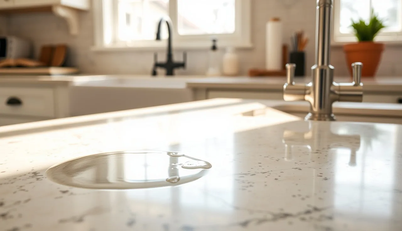 Water beading on a sealed cream granite countertop near a kitchen sink