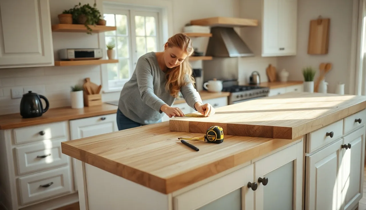 Homeowner measuring butcher block countertop resting on kitchen base cabinets