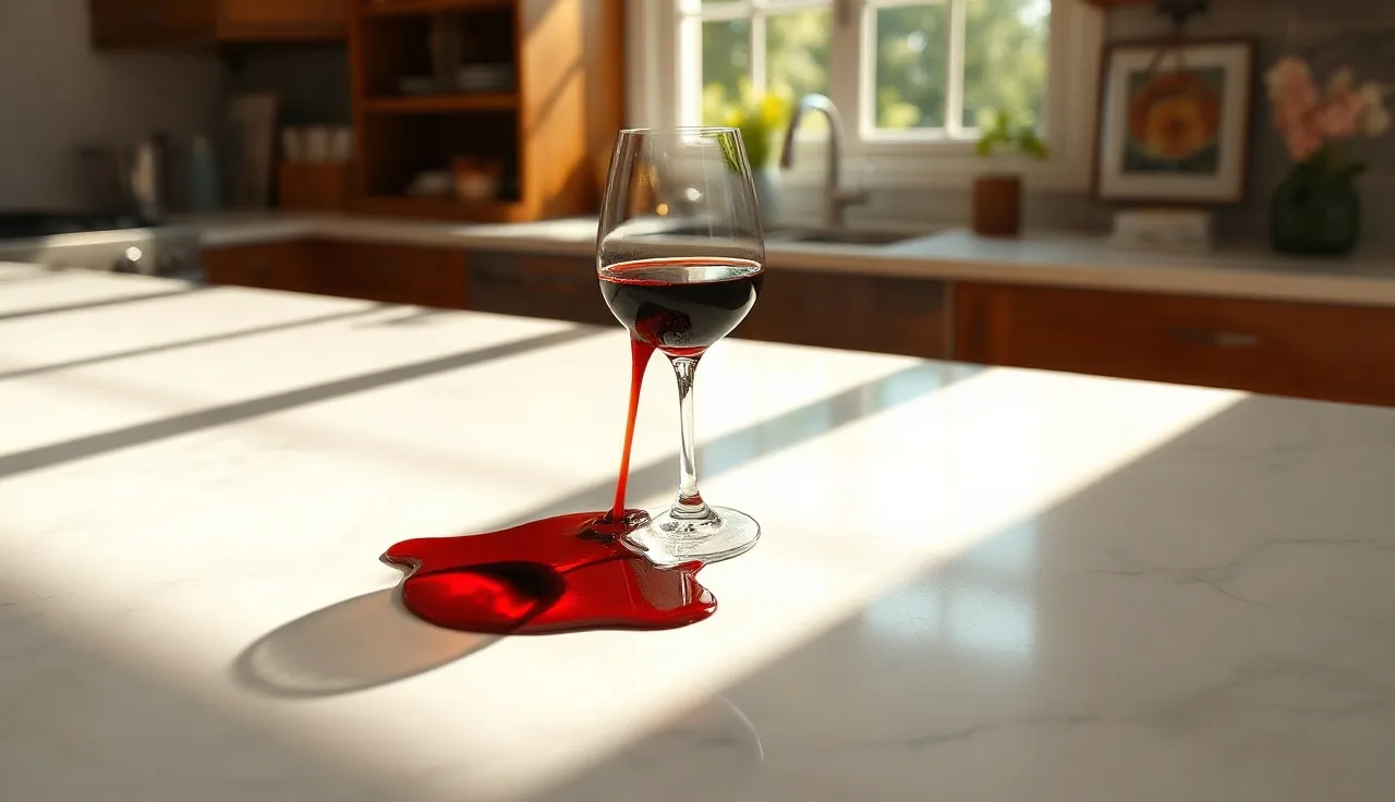 Red wine spilling across a white quartz kitchen countertop in morning light