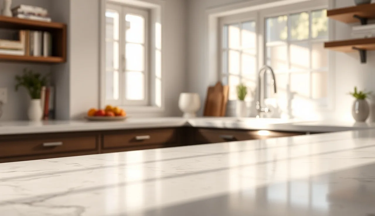 Polished white dolomite marble countertop with gray veining in a kitchen