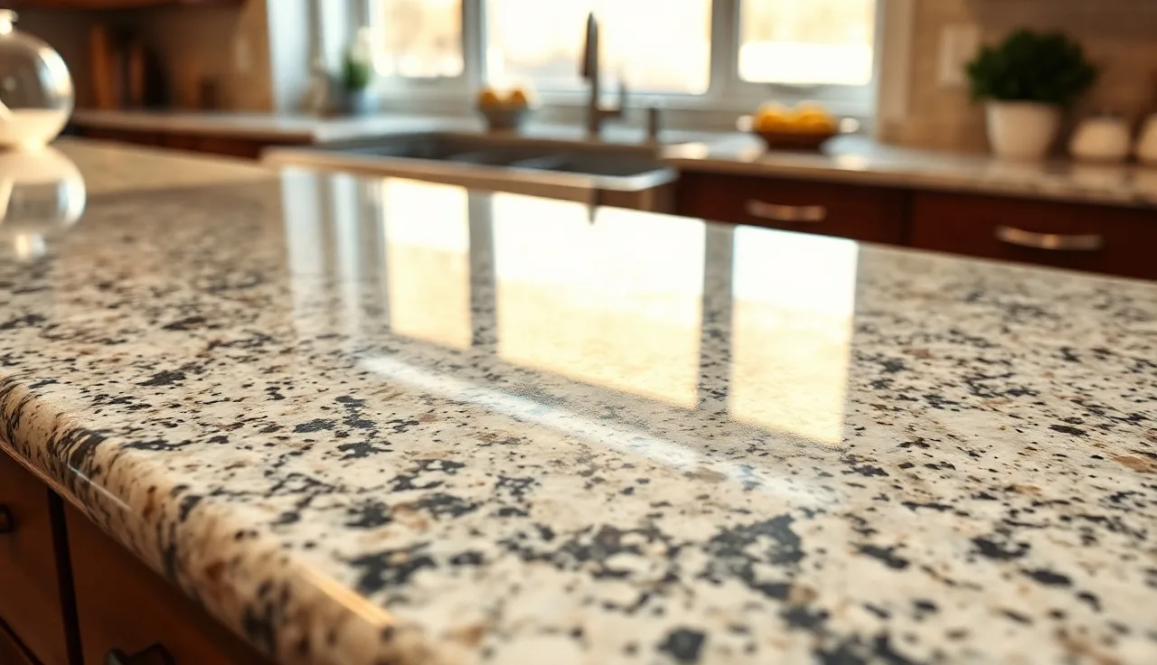 Polished granite countertop with a double radius edge profile in a kitchen