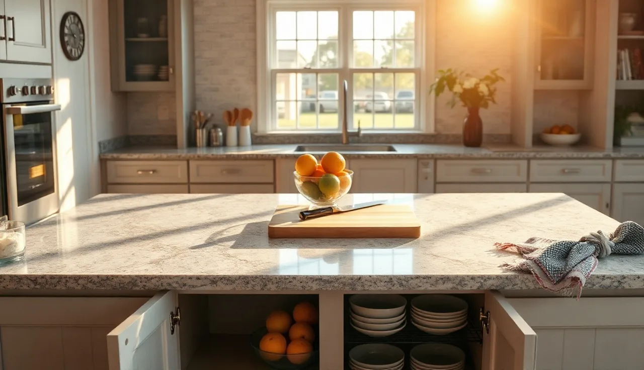 Thick gray granite kitchen island countertop under warm afternoon light