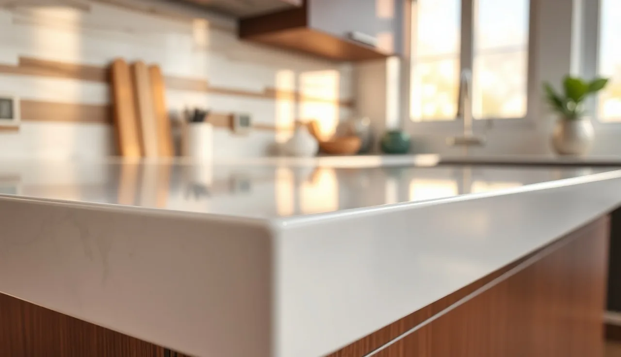 White quartz countertop eased edge corner detail in natural kitchen light
