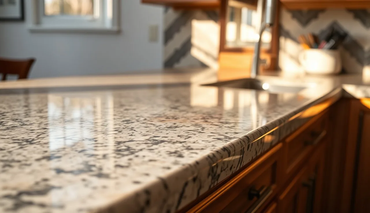 Polished granite countertop with bullnose edge profile resting on white cabinet