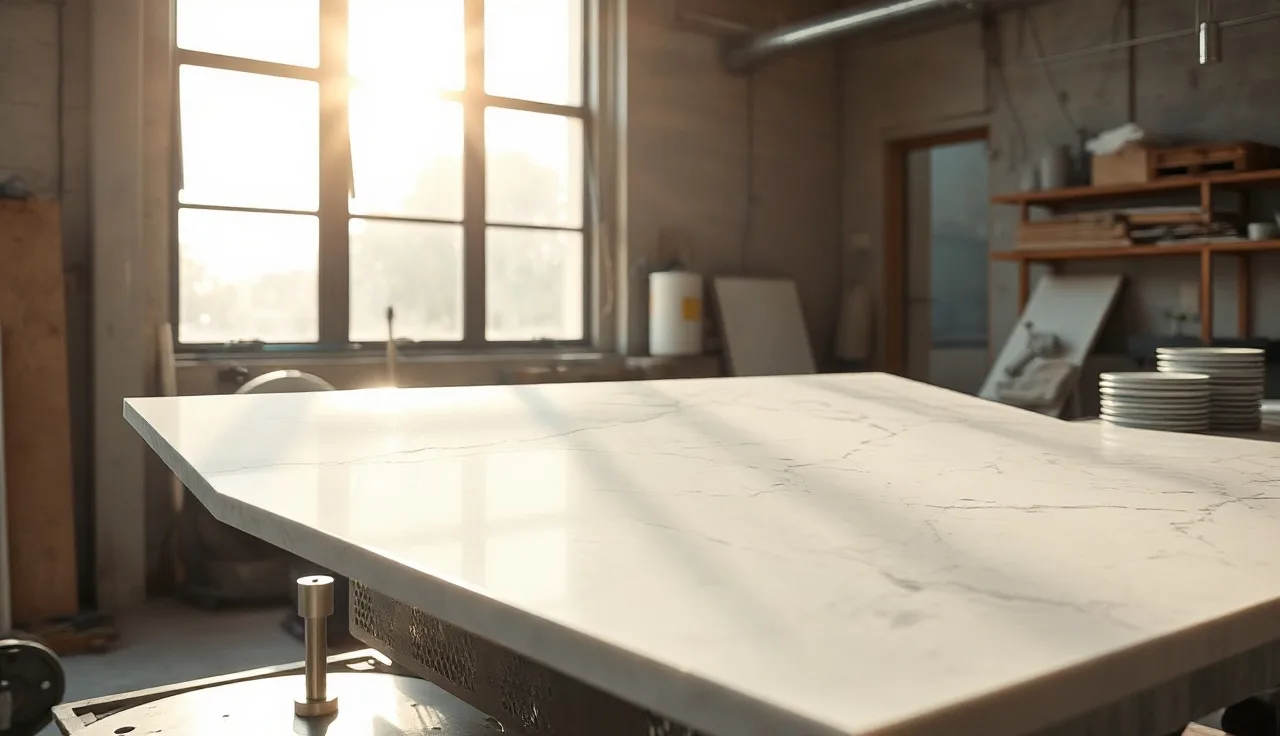 Polished marble slab on a steel worktable in a stone fabrication shop with morning light