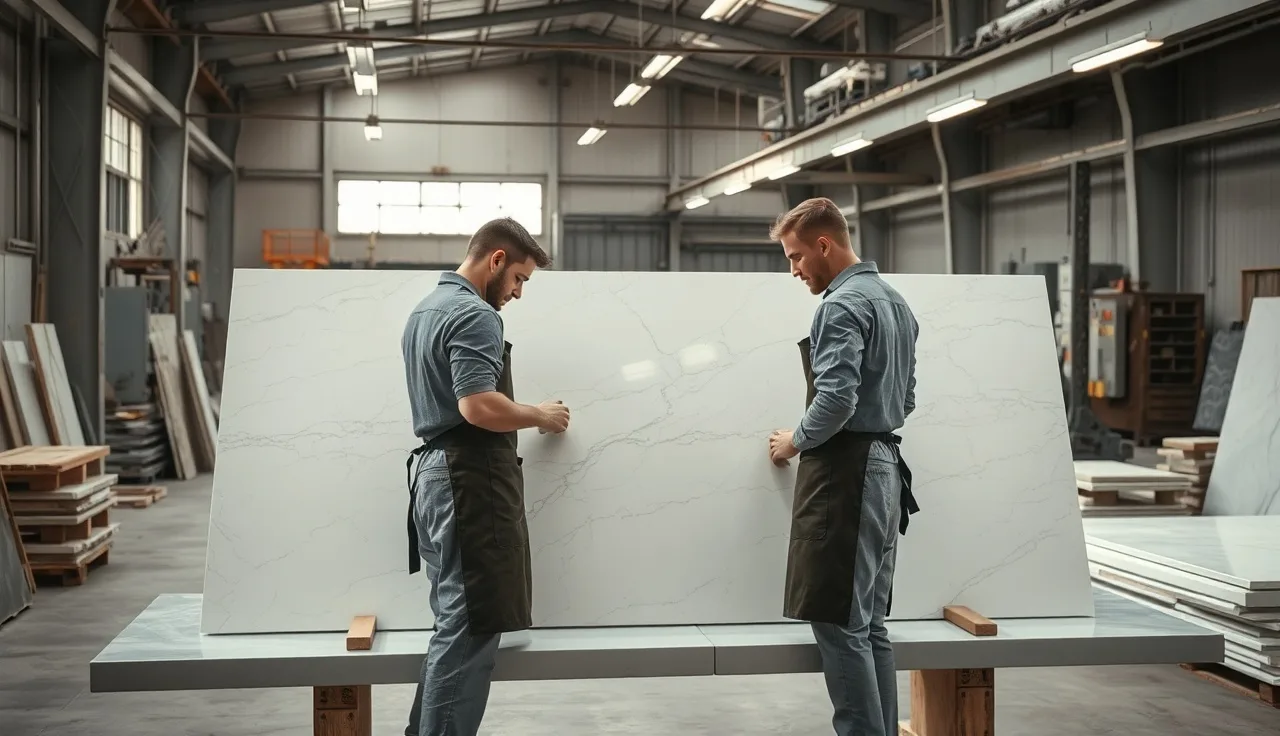 Two stone fabricators examining a marble slab under bright shop lighting