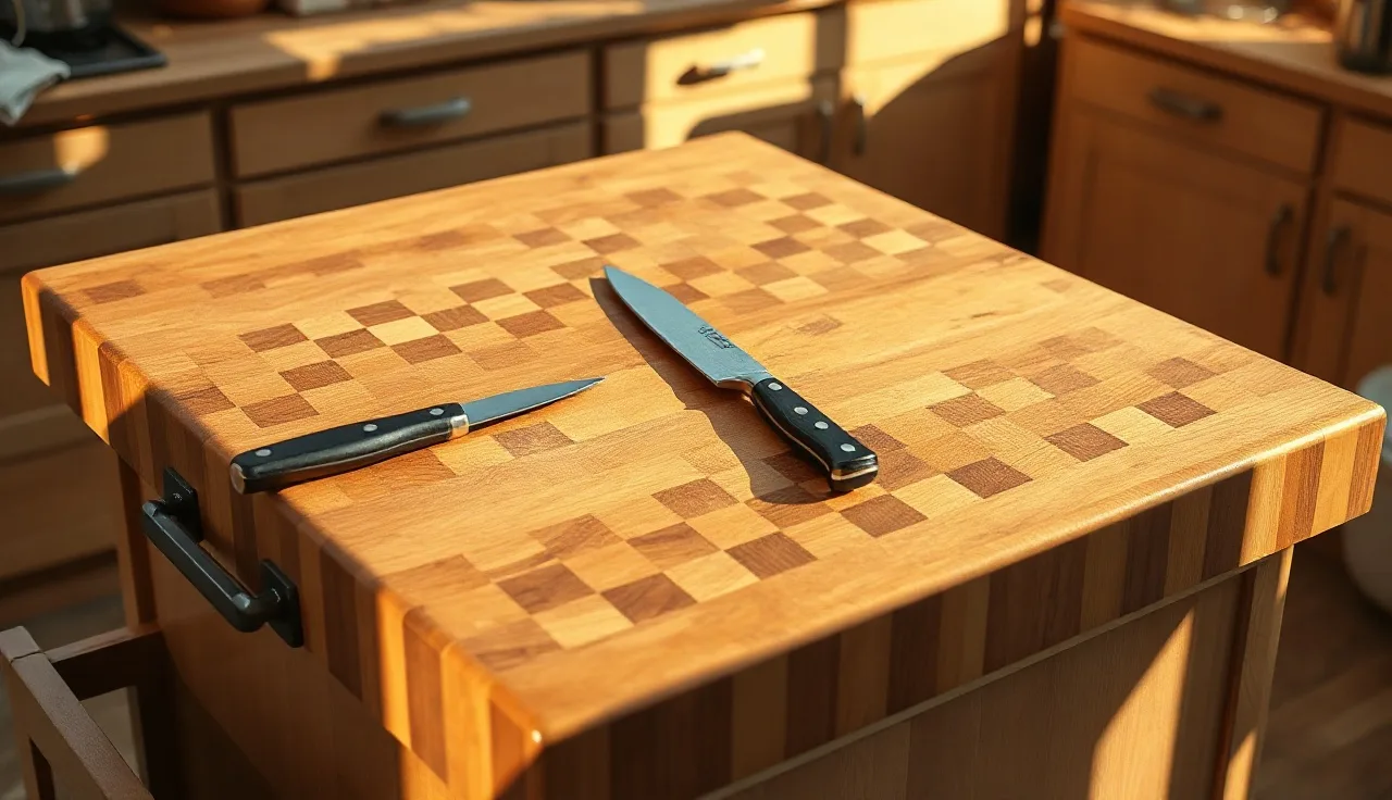End grain hickory butcher block countertop on a kitchen island with a chef knife