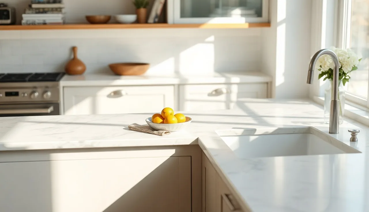 Cream and grey veined engineered marble kitchen countertop in afternoon light