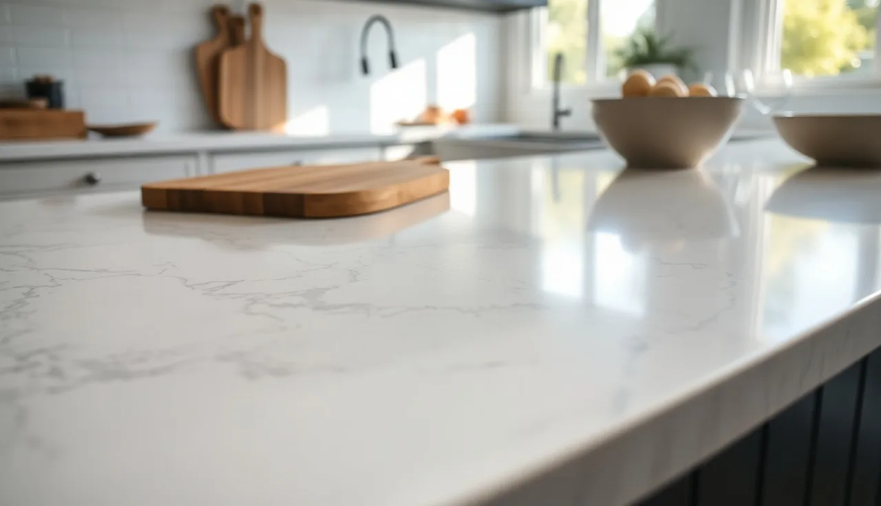 Polished white veined engineered quartz countertop in a modern kitchen with natural light