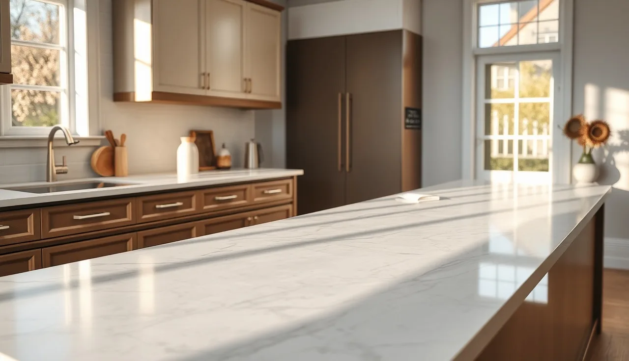 Polished engineered stone quartz countertop on a kitchen island in morning light