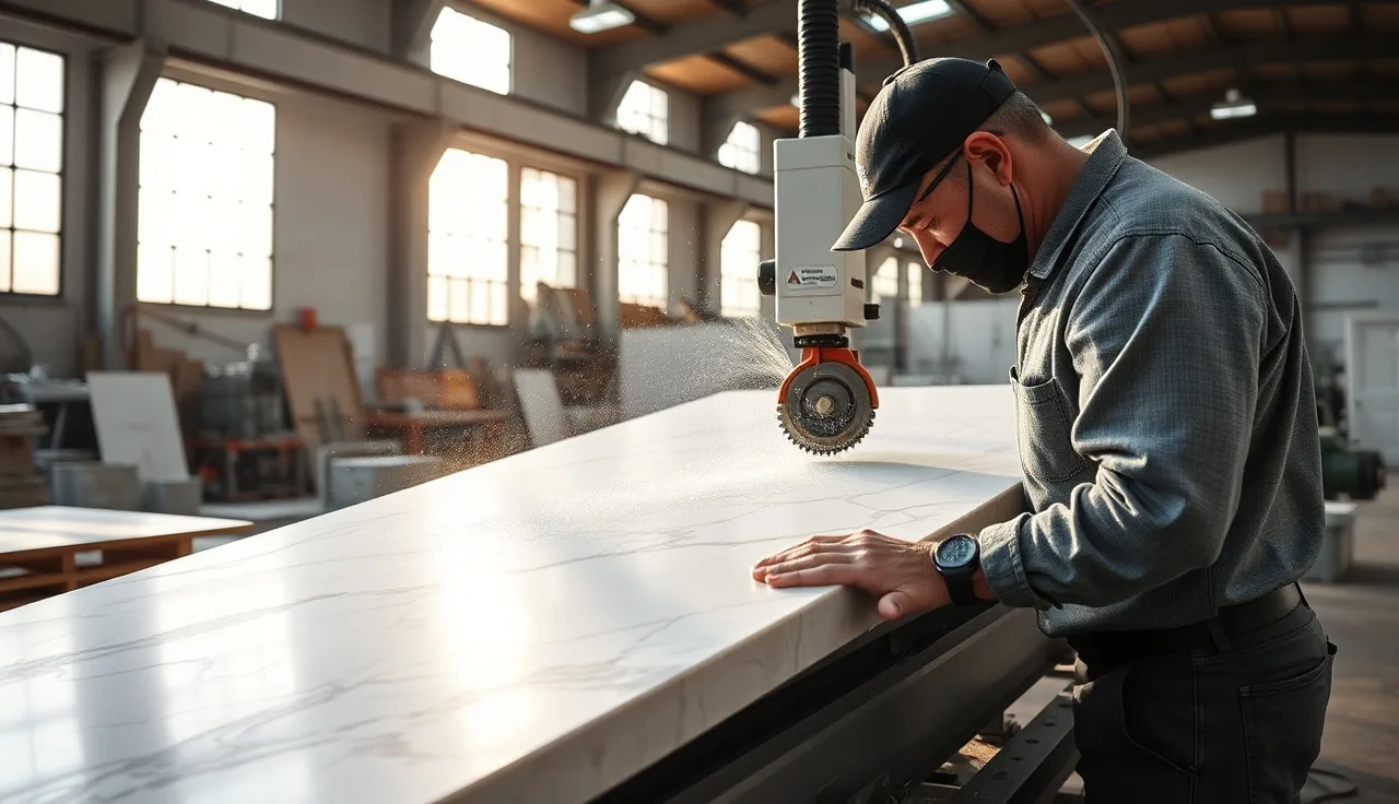 Fabricator cutting engineered stone quartz slab on a wet CNC bridge saw in a stone shop