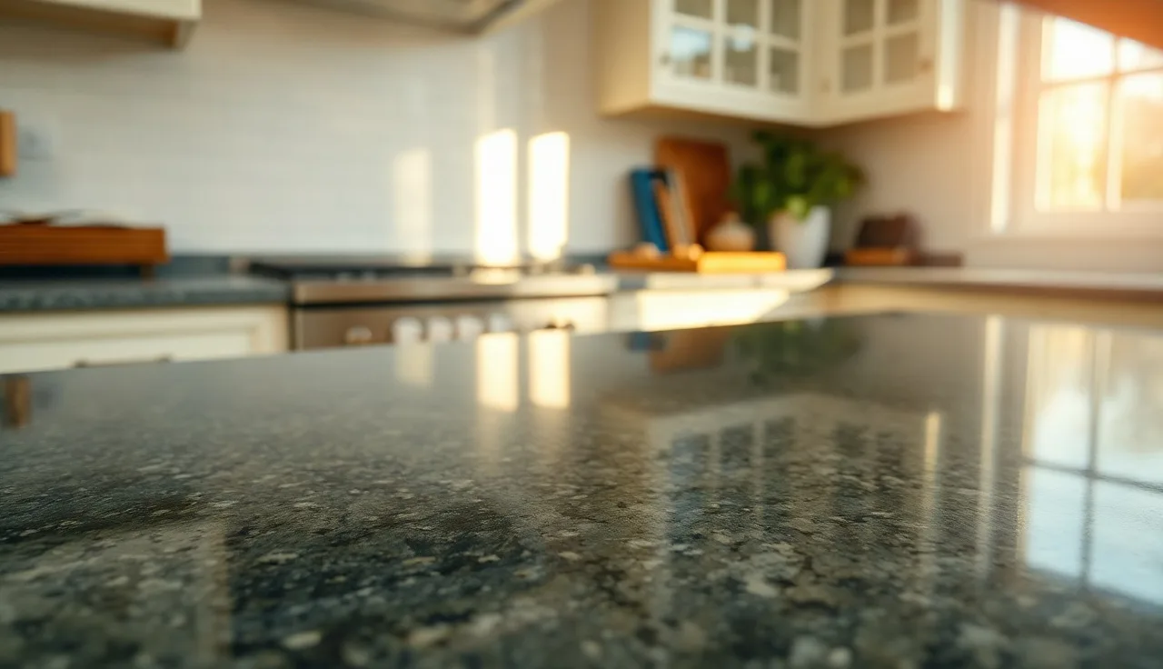 Polished Uba Tuba entry-level granite countertop in a bright white kitchen