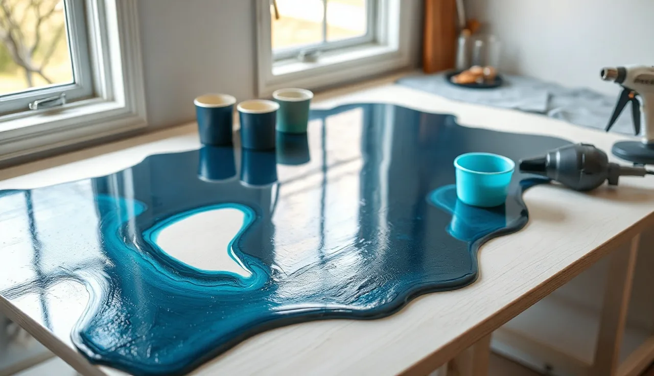 Metallic epoxy resin being poured across a kitchen countertop substrate in morning light