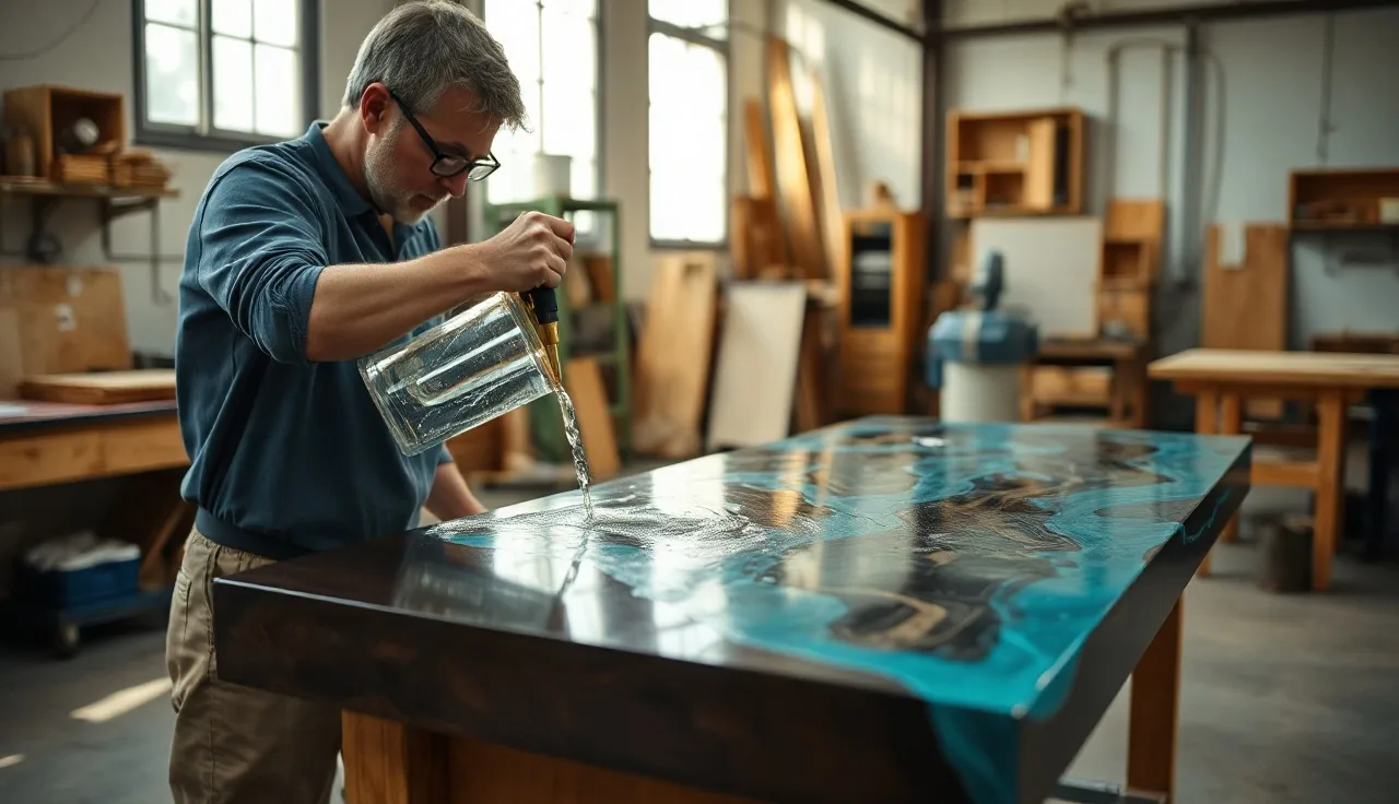 Installer pouring metallic epoxy resin over a countertop mold in a fabrication workshop