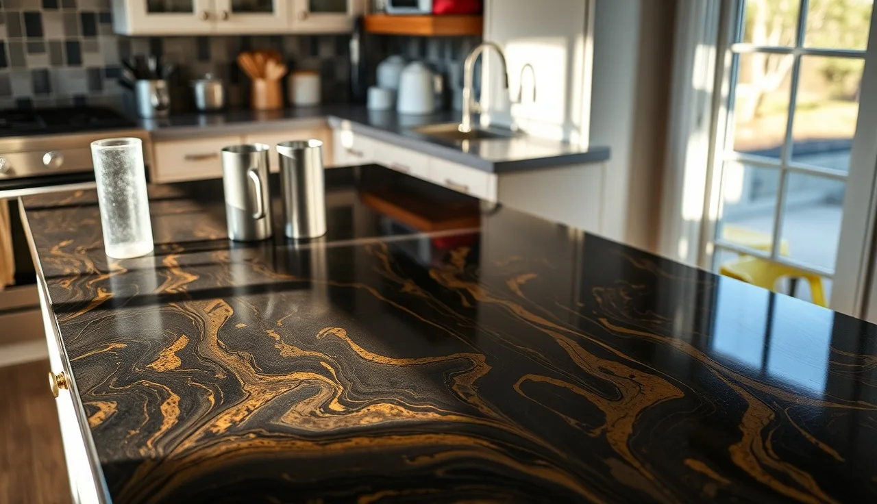 Fresh epoxy countertop with black and gold metallic swirls curing in a kitchen