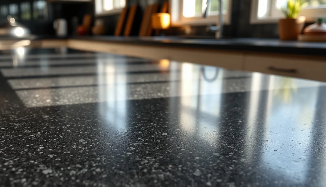 Close-up of a dark epoxy granite countertop surface showing stone chip texture in soft natural light
