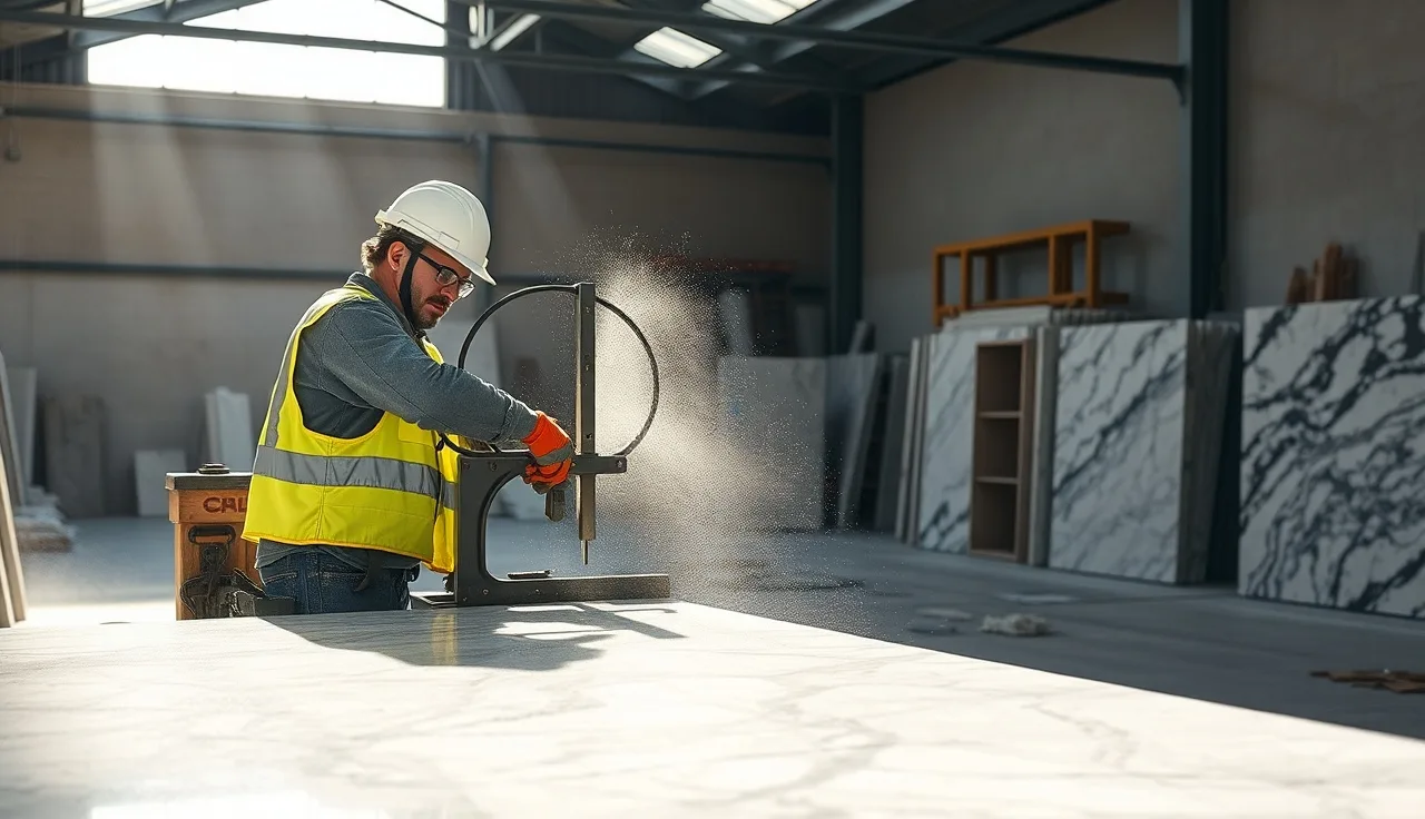 Stone fabricator cutting a large granite slab on a bridge saw in a fabrication shop
