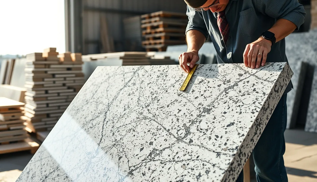 Fabricator measuring a granite slab at a New England stone yard
