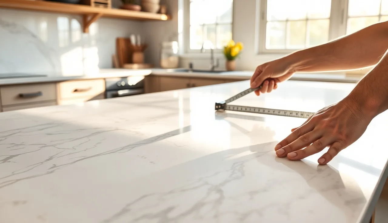 Fabricator measuring a Carrara marble countertop slab with gray veining in a kitchen
