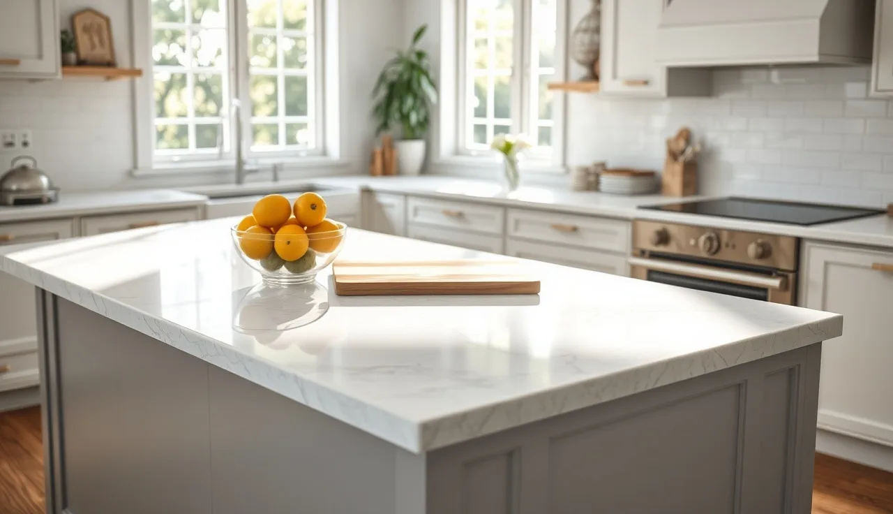 White veined engineered quartz countertop on a kitchen island in morning light