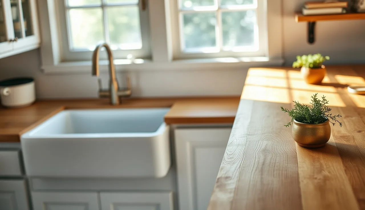 Fireclay farmhouse sink set into warm butcher block countertop in a bright kitchen
