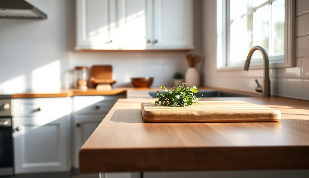 Warm wood-grain laminate countertop with cutting board and herbs in a kitchen