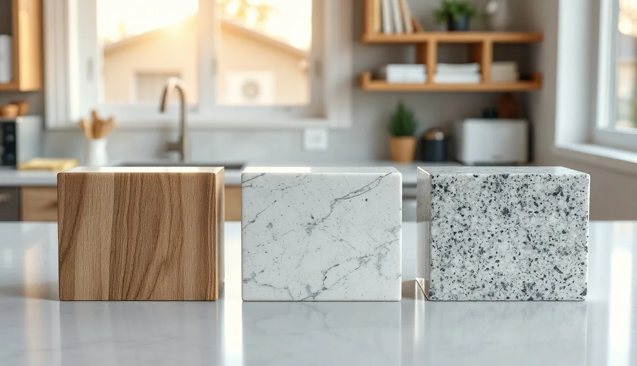 Three countertop material samples showing laminate, quartz, and real granite side by side in a kitchen