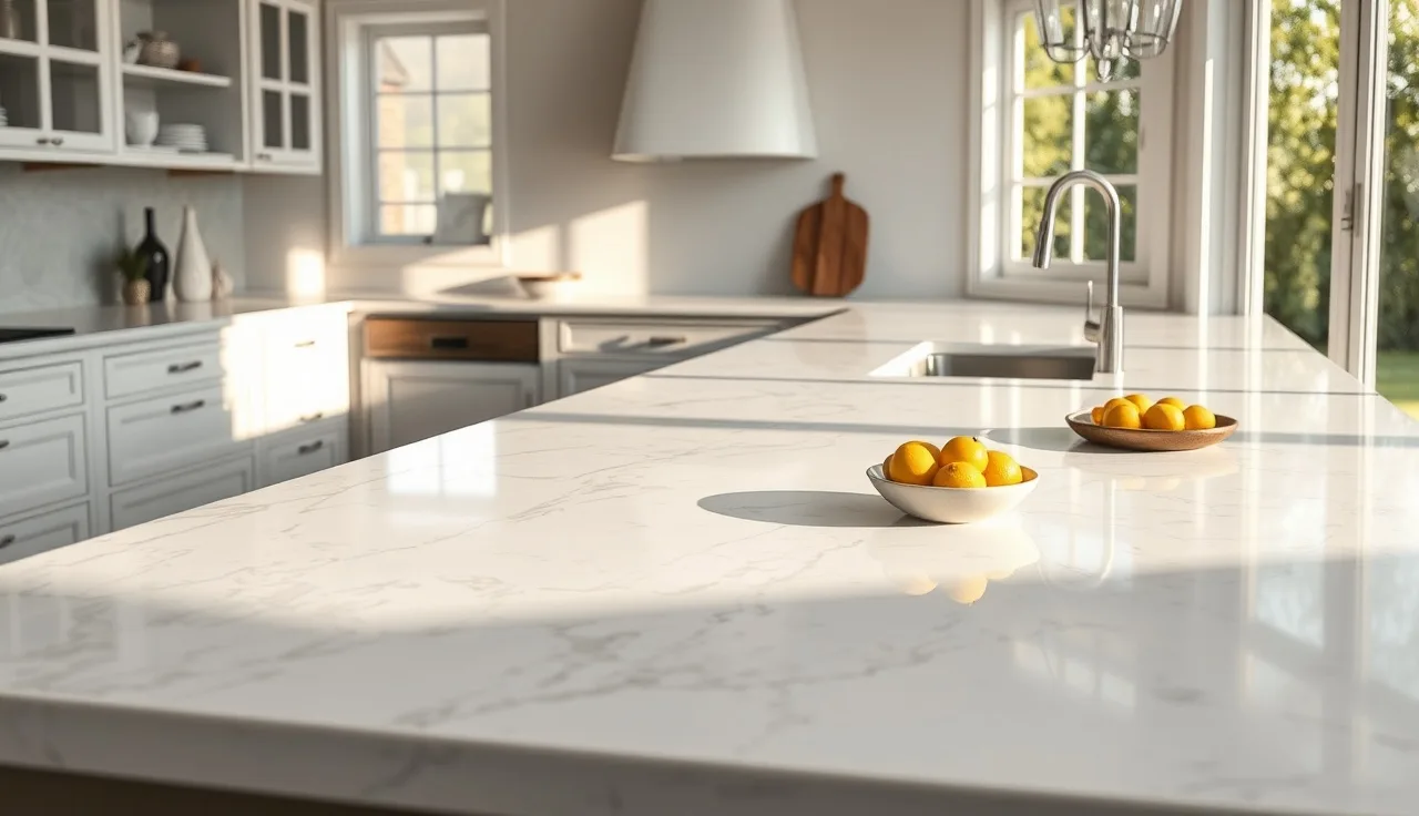 White and grey veined faux marble quartz countertop on a kitchen island in morning light