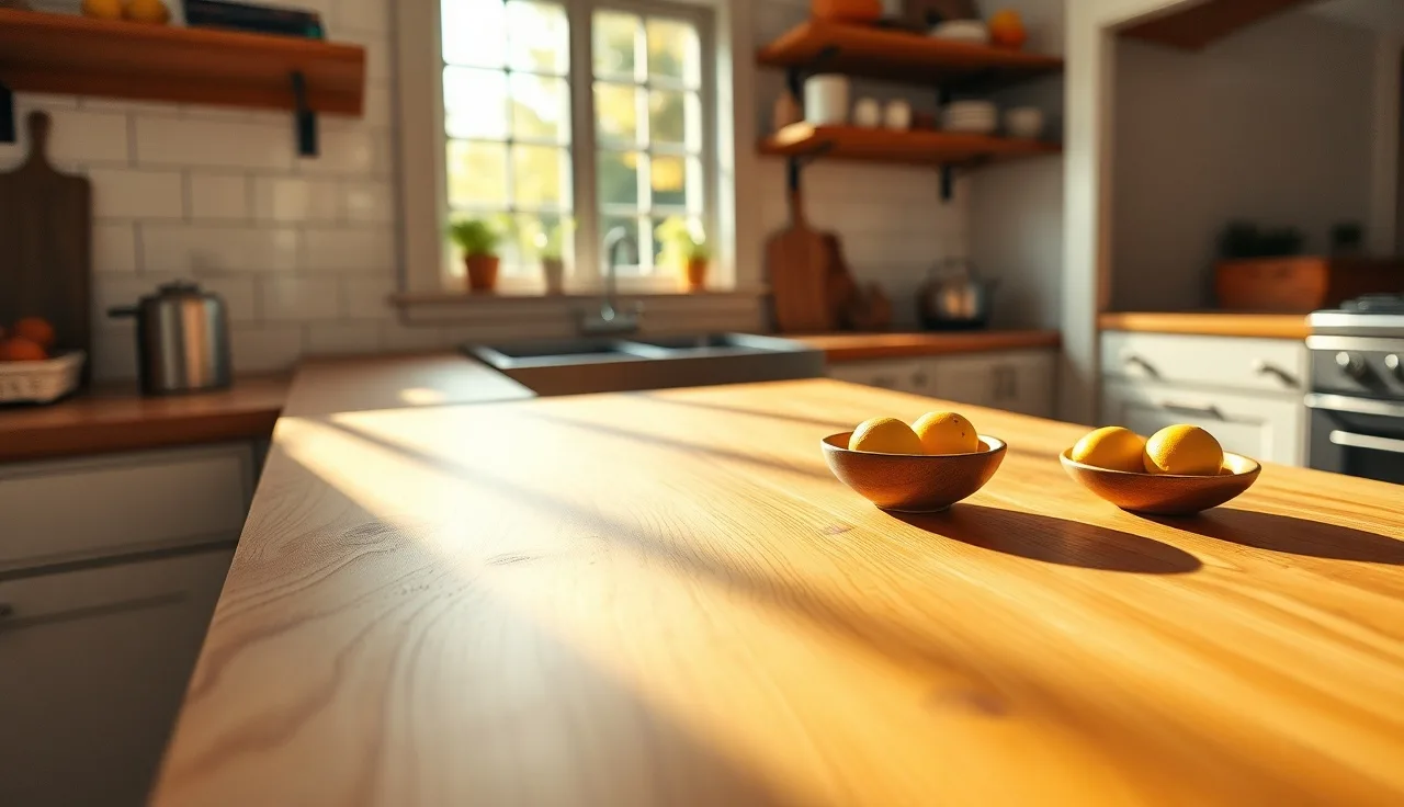 Oiled hard maple butcher block countertop with morning light and lemon bowl